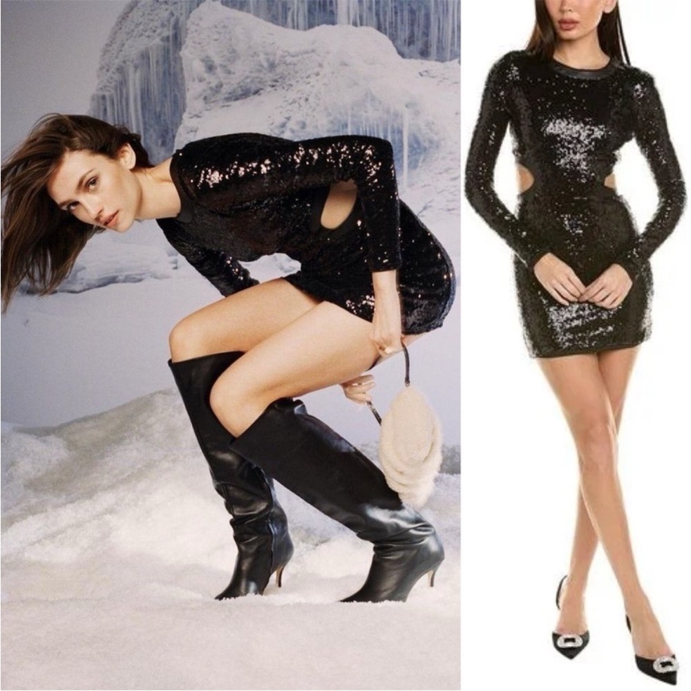 Staud Black Sequin & Vegan Leather Cut Out Mini Dress Size XL